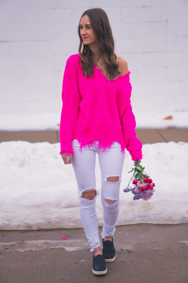 fuchsia sweater, Valentine's Day outfit, winter style