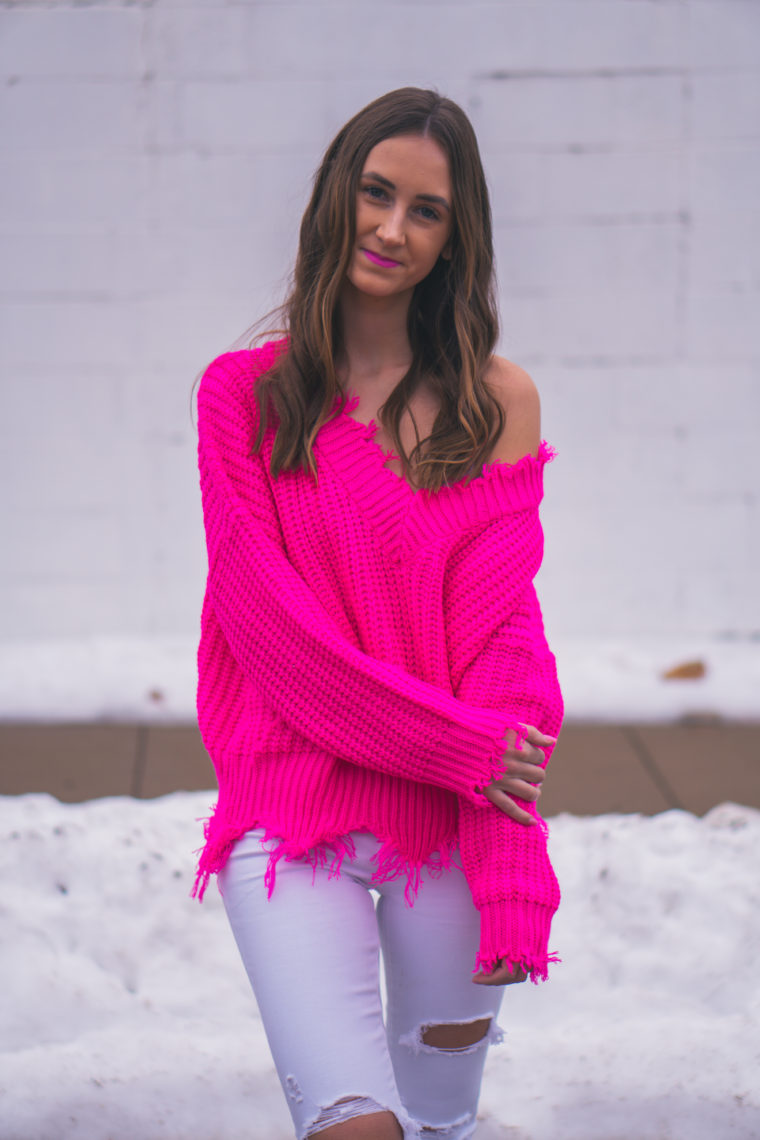 fuchsia sweater, Valentine's Day outfit, destroyed sweater