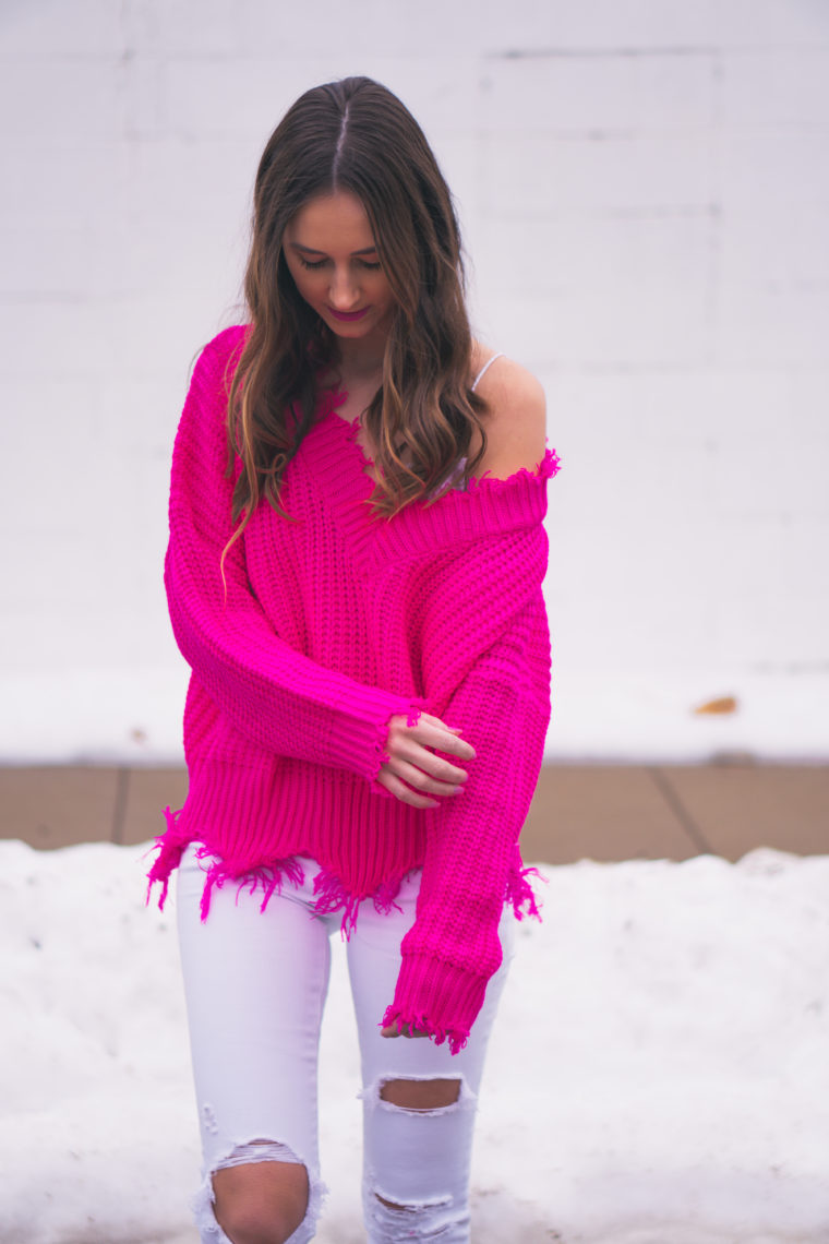 fuchsia sweater, Valentine's Day outfit, destroyed sweater