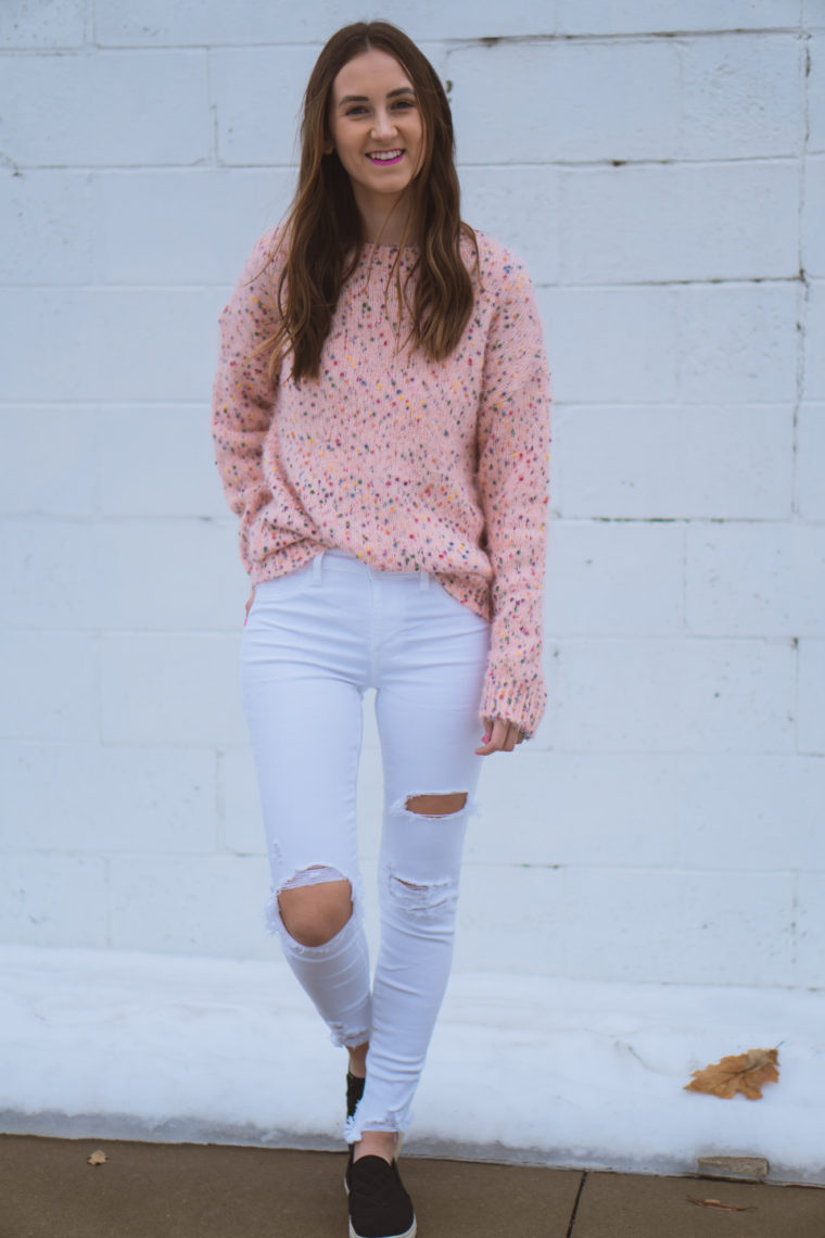pink fuzzy sweater, Valentine's Day outfit, winter style