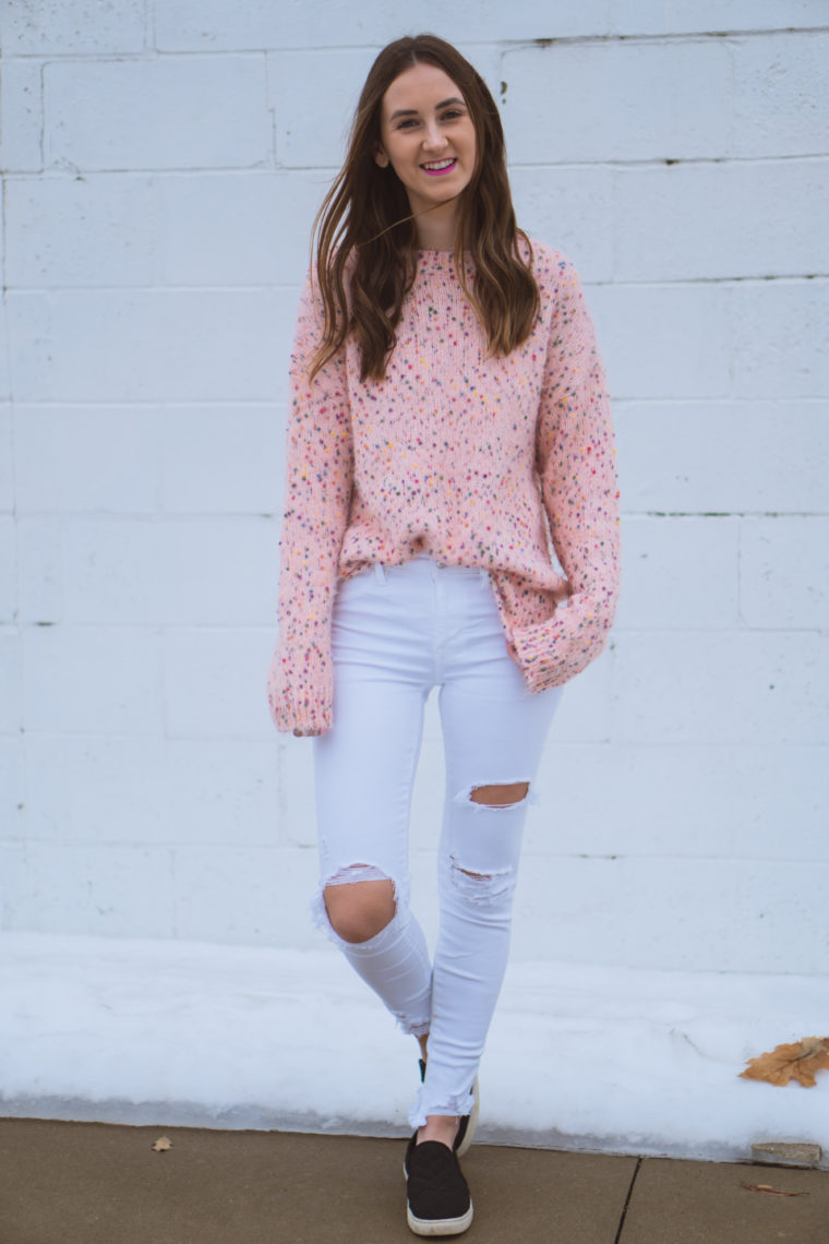 pink fuzzy sweater, Valentine's Day outfit, winter style