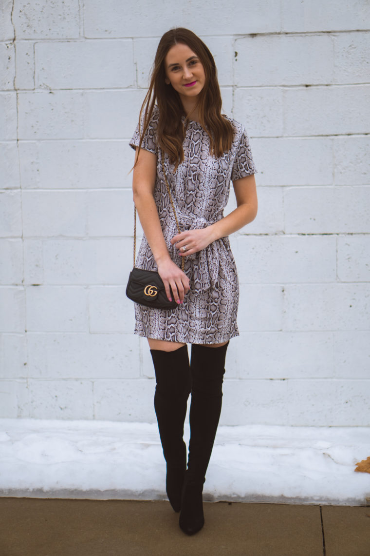 snakeskin dress, over the knee boots, date night look 