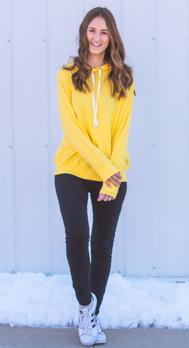 yellow pullover hoodie, casual style, comfy style