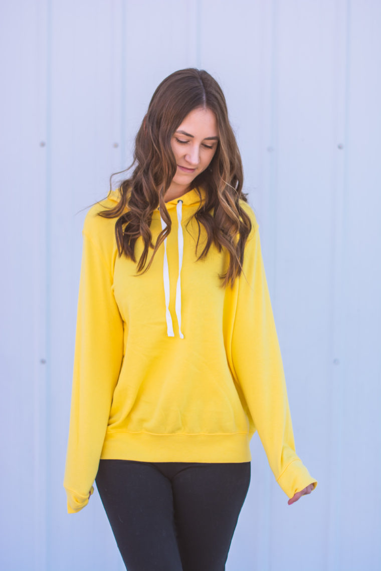 yellow hoodie, casual style, for the love of glitter