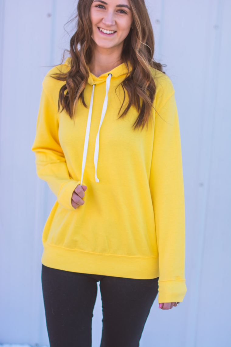 yellow pullover hoodie, casual style