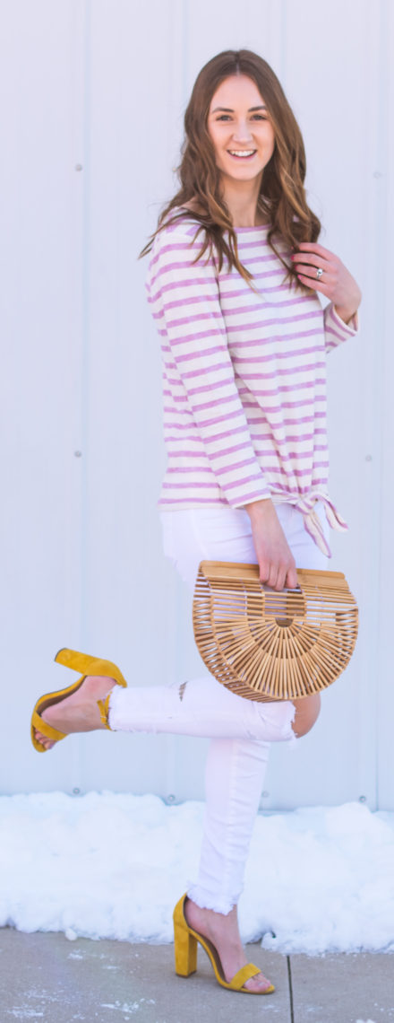 stripe top, basket bag, spring style