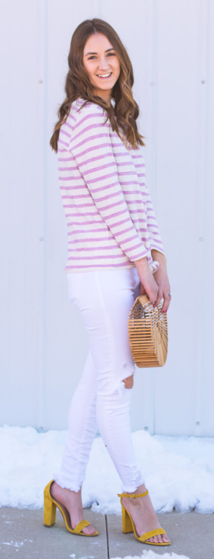 stripe top, basket bag, spring style