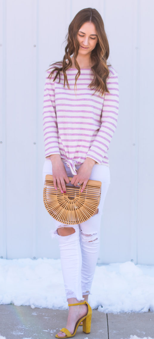 pink stripe top, basket bag, spring style