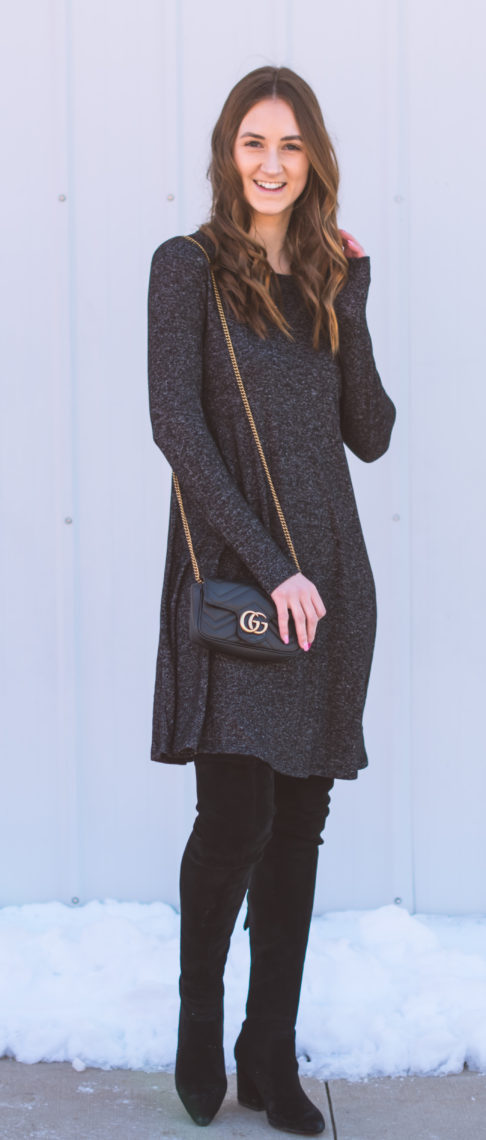 swing dress, grey dress, winter style, over the knee boots
