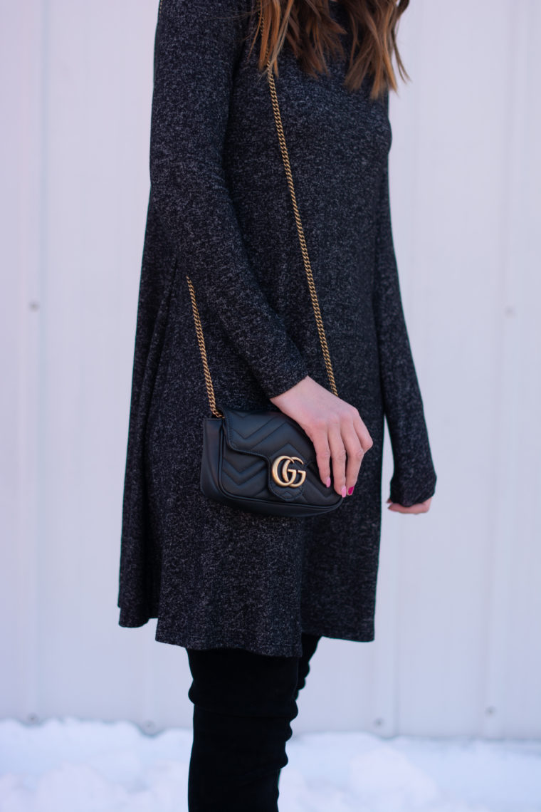 grey dress, swing dress, Gucci bag