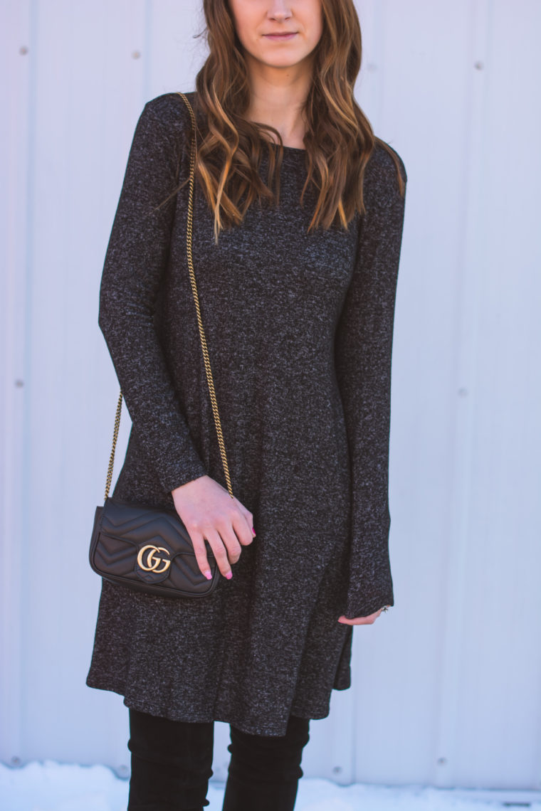 swing dress. Gucci bag, winter style