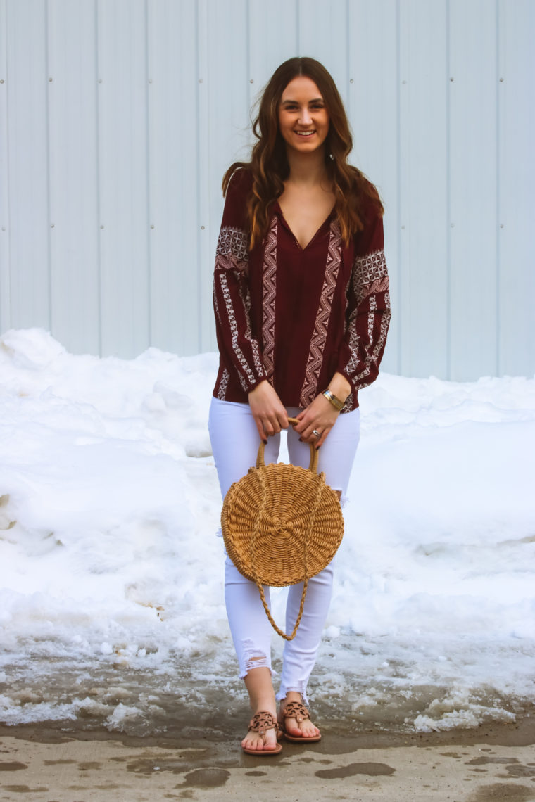 embroidered top, round straw bag, spring style