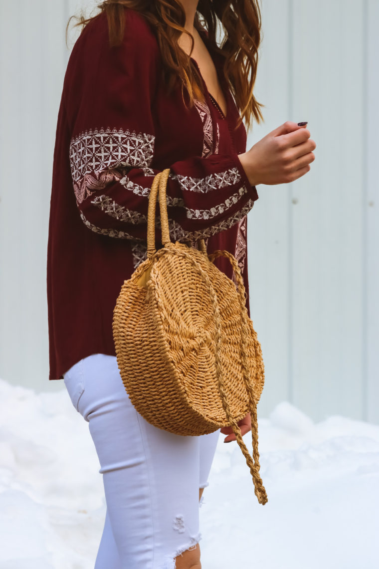 embroidered top, straw circle bag, spring style