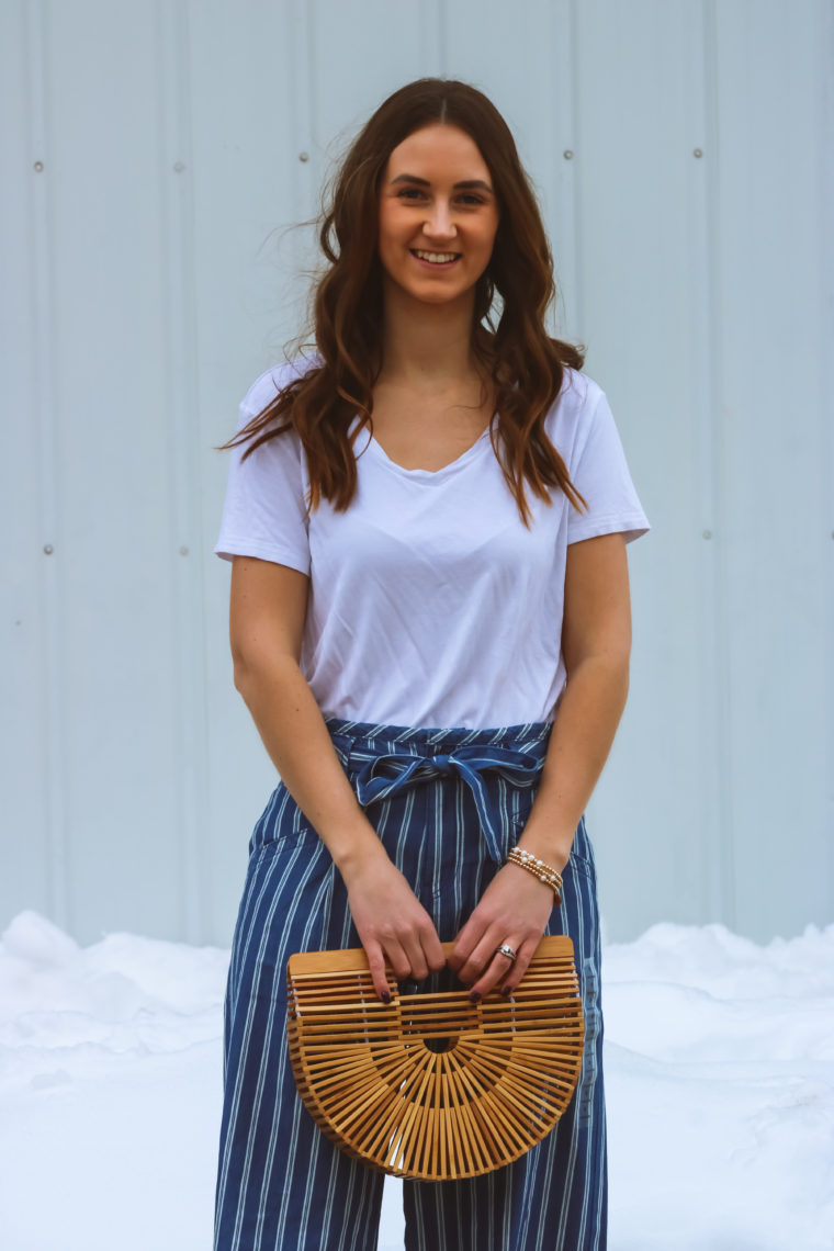 striped palazzo pants, striped pants, basket bag, spring style