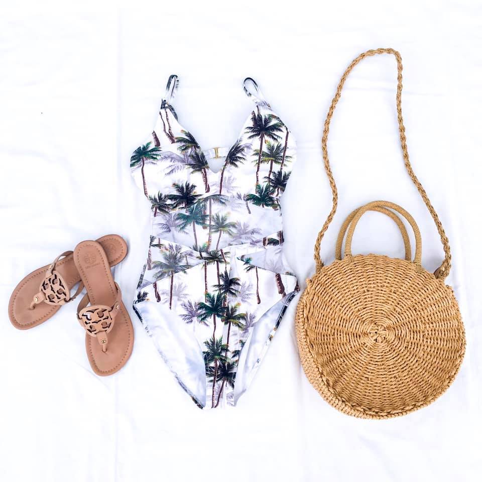 round straw tote, Miller sandals, palm tree swimsuit