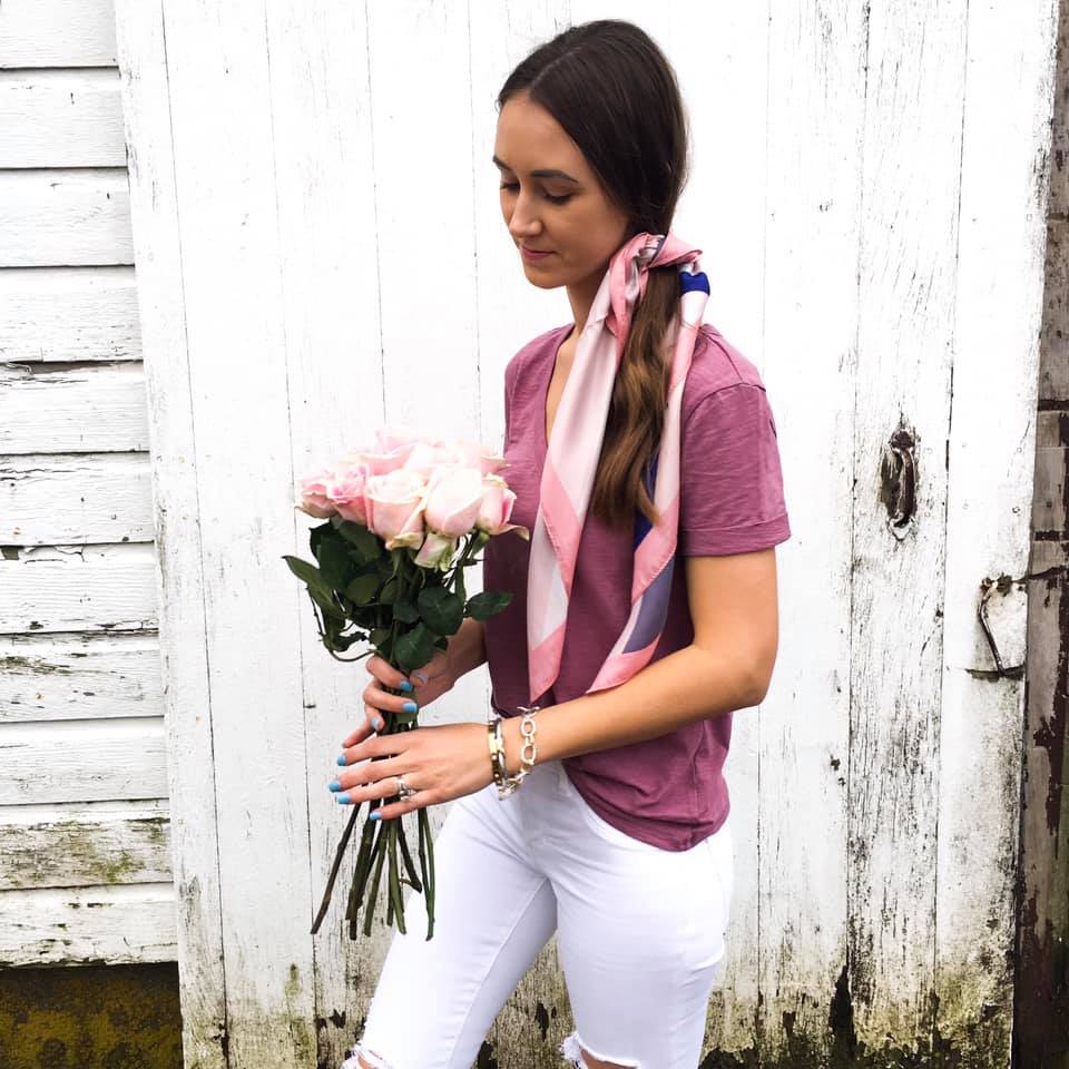 hair scarf, pink roses, spring style