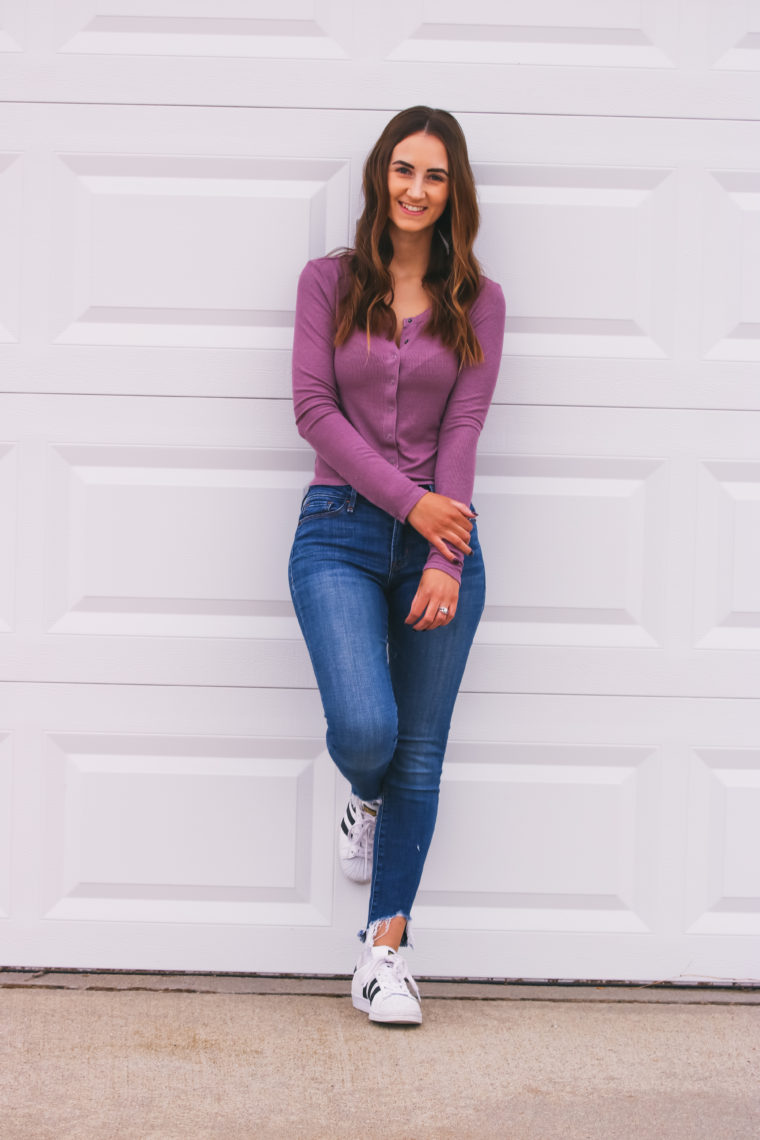 long sleeve henley, purple henley, casual style