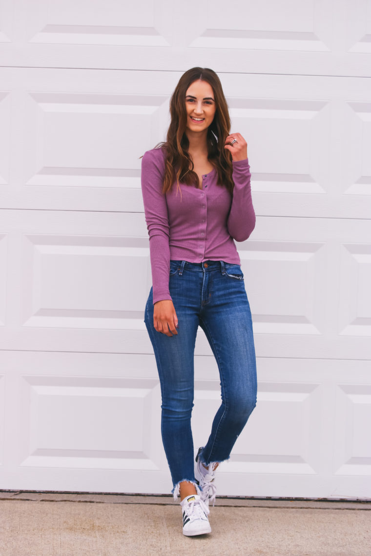 long sleeve henley, purple henley, casual style