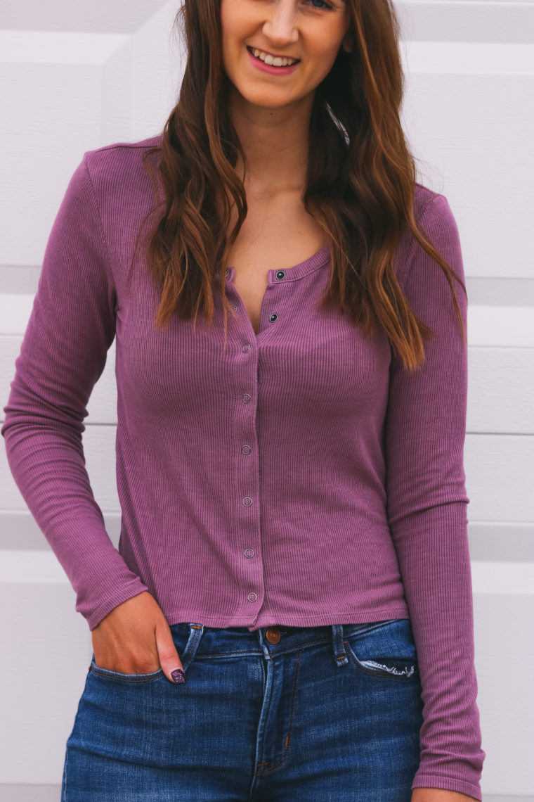 long sleeve henley, purple henley, spring style