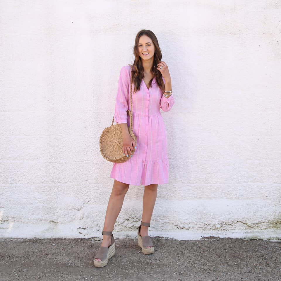 striped dress, round straw bag, spring style