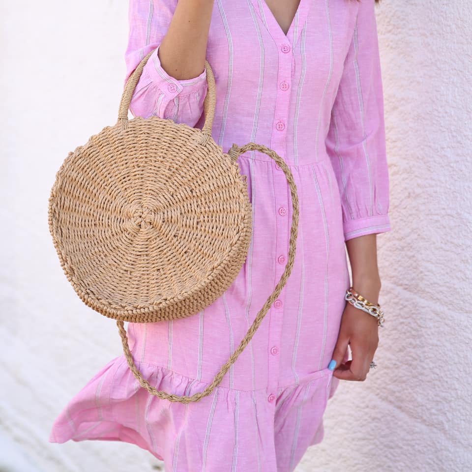 round straw bag, spring style, striped dress