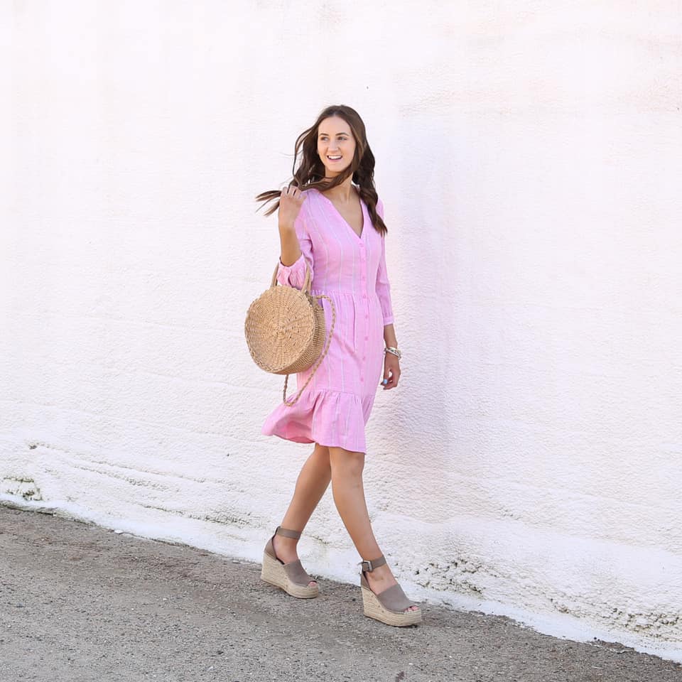 striped shirt dress, spring style, round straw bag