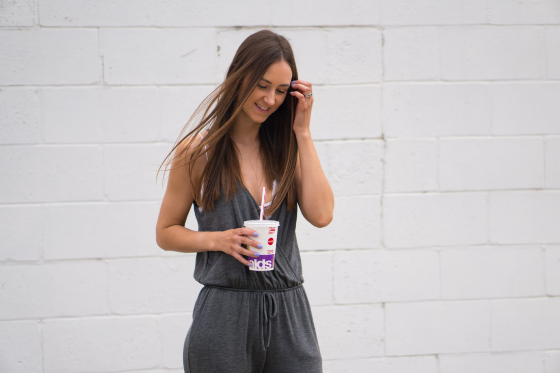 cross front jumpsuit, grey jumpsuit, casual style