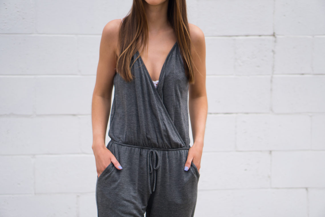 grey jumpsuit, casual style, comfy style