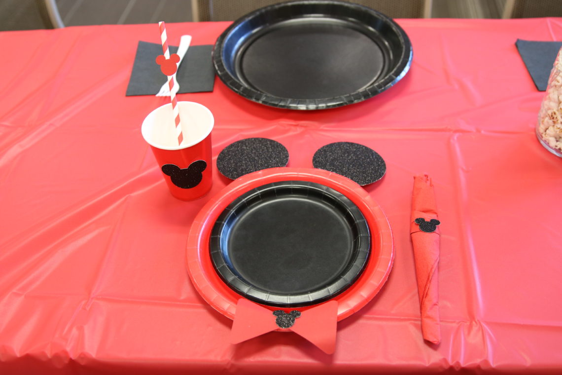 Mickey Mouse plates, Mickey Mouse cups, Mickey Mouse table setting