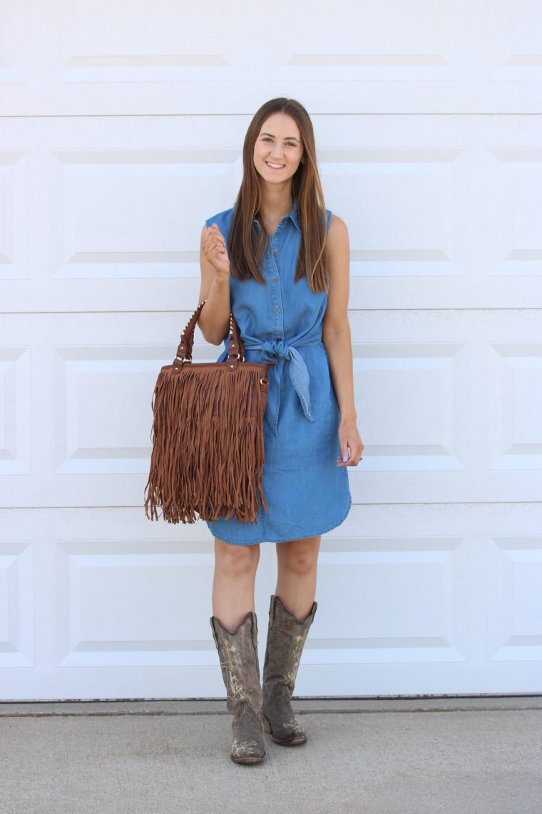 denim dress, chambray dress, fringe bag