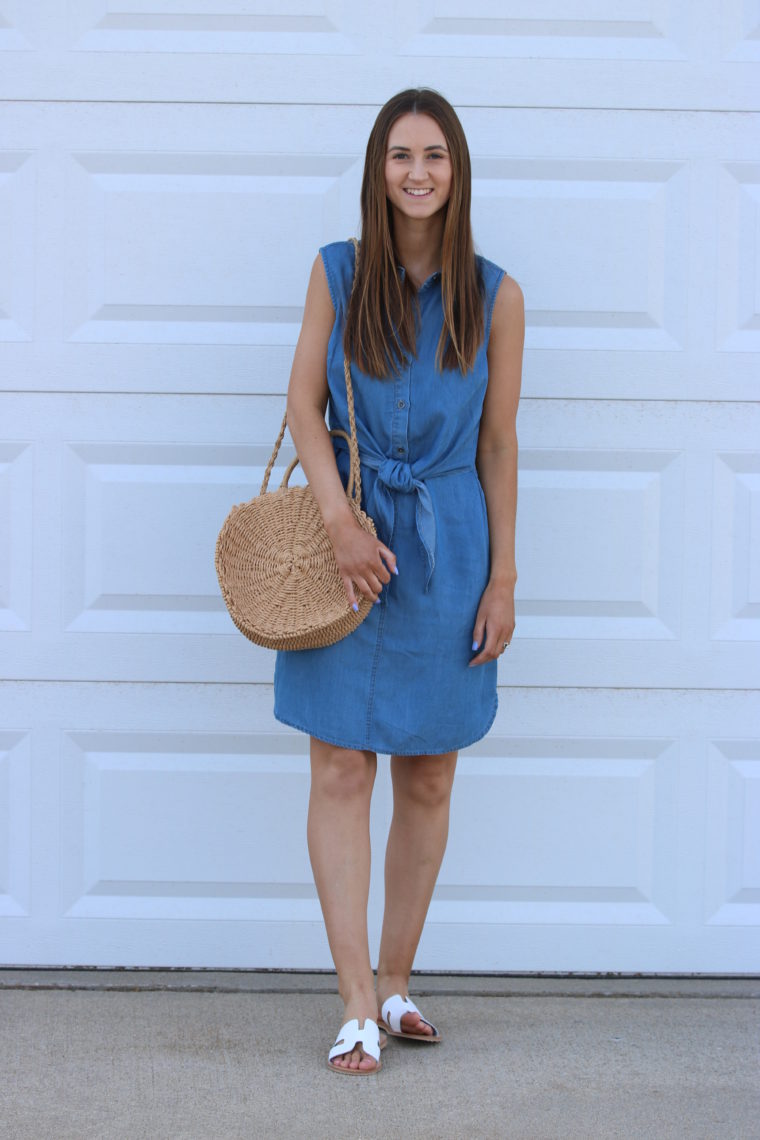 round straw tote, chambray dress, spring style