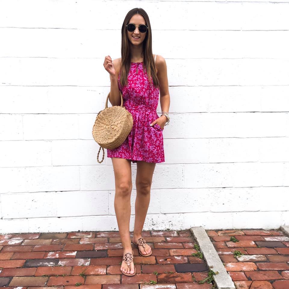 memorial weekend sales, floral romper, round straw bag