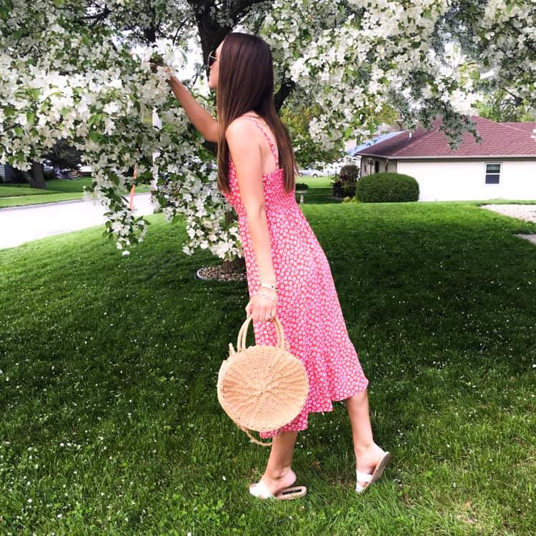 midi dress, round straw bag, summer style