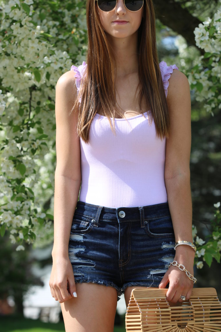 lilac bodysuit, ruffle bodysuit, summer style