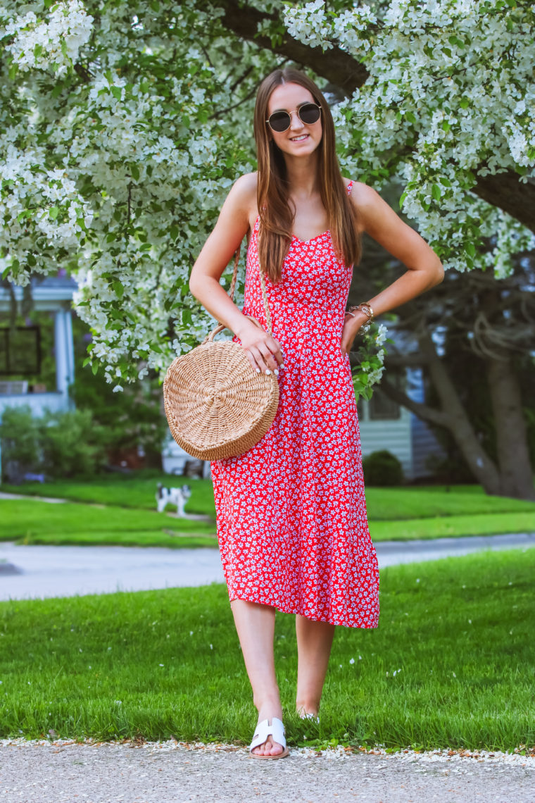 midi dress, floral dress, round straw bag