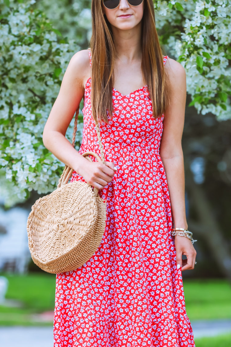 round straw bag, cami dress, spring style