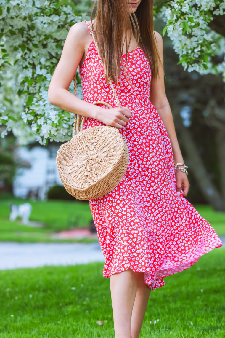 midi dress, round straw bag, spring fashion