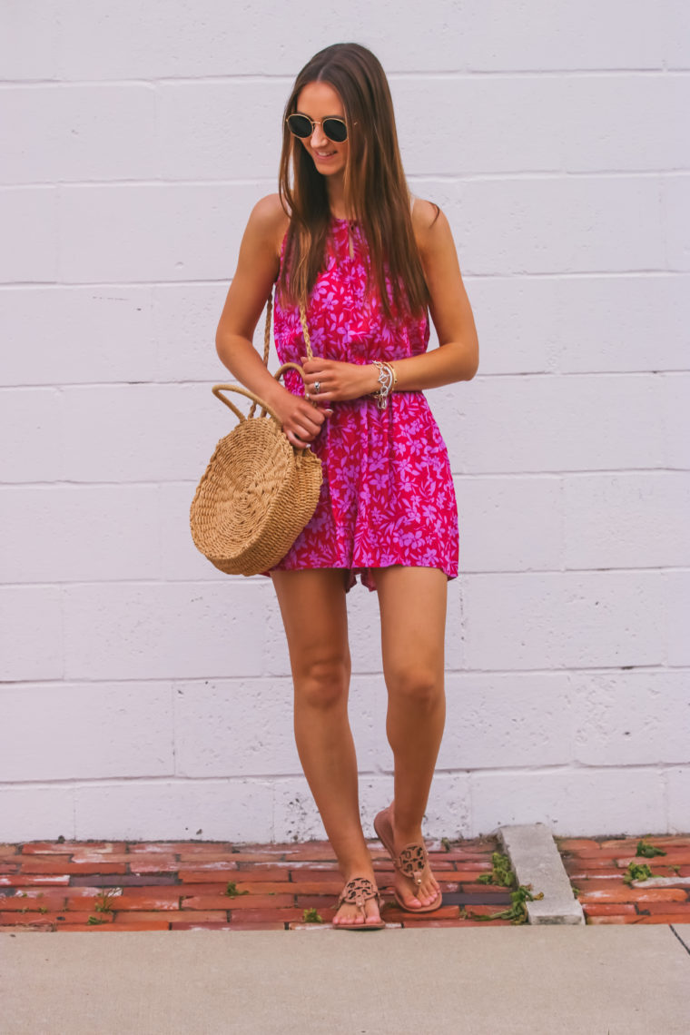 floral romper, round straw bag, Tory Burch sandals