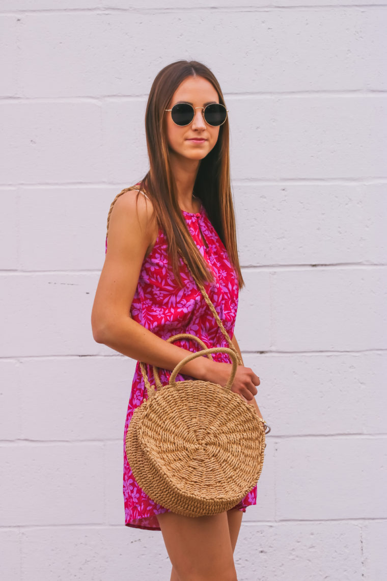 floral romper, round straw bag, round sunglasses