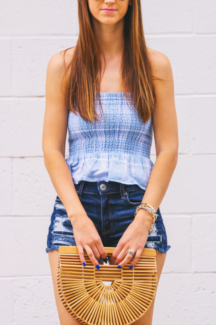 smocked top, tube top, Cult Gaia bag 