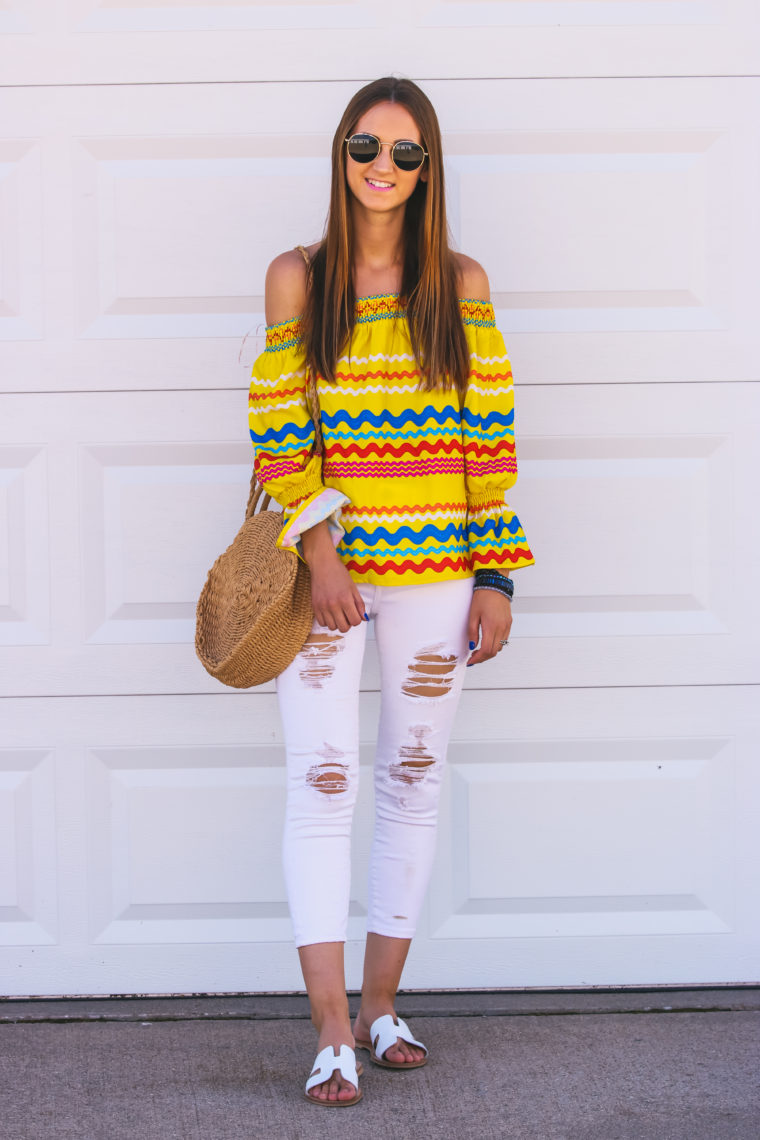 off the shoulder top, round straw bag, summer style