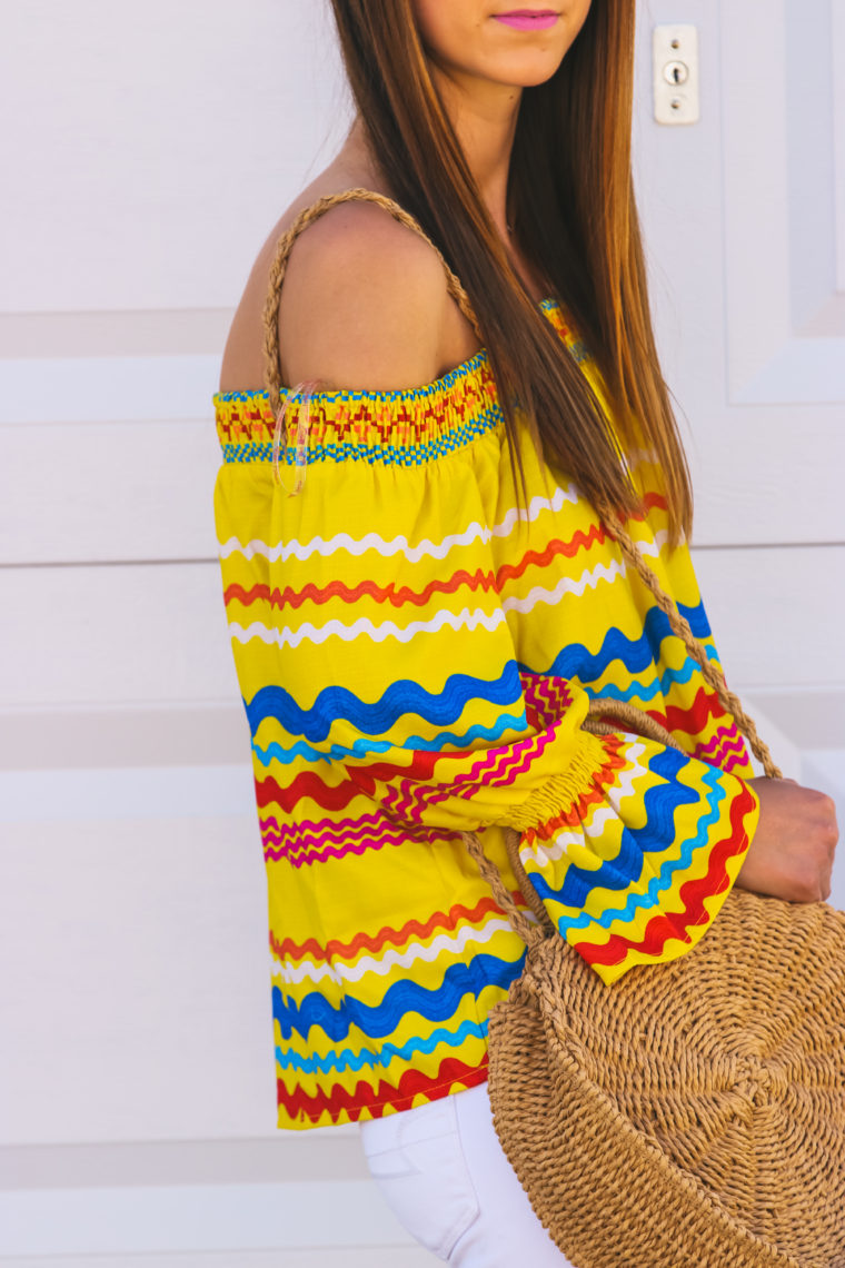 off the shoulder top, zig zag top, round straw bag