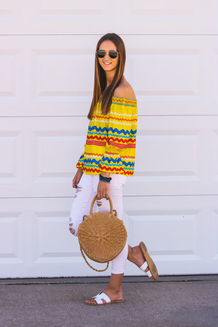 off the shoulder top, ruffle sleeves, round straw bag