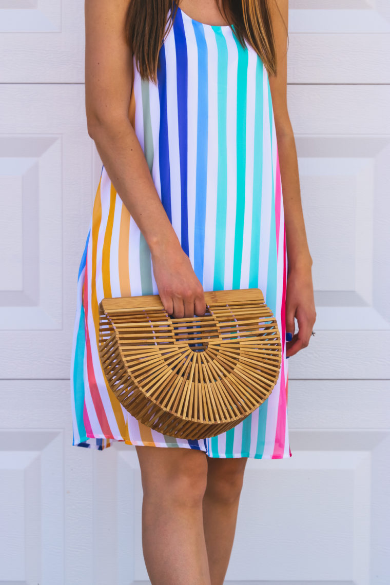 Rainbow Stripe Dress, striped dress, basket bag