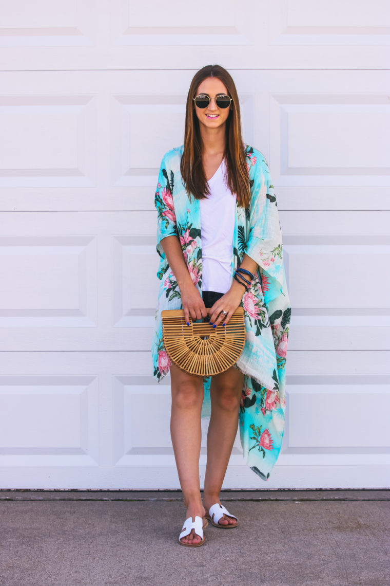 Tropical Print Kimono, palm leaf kimono, basket bag