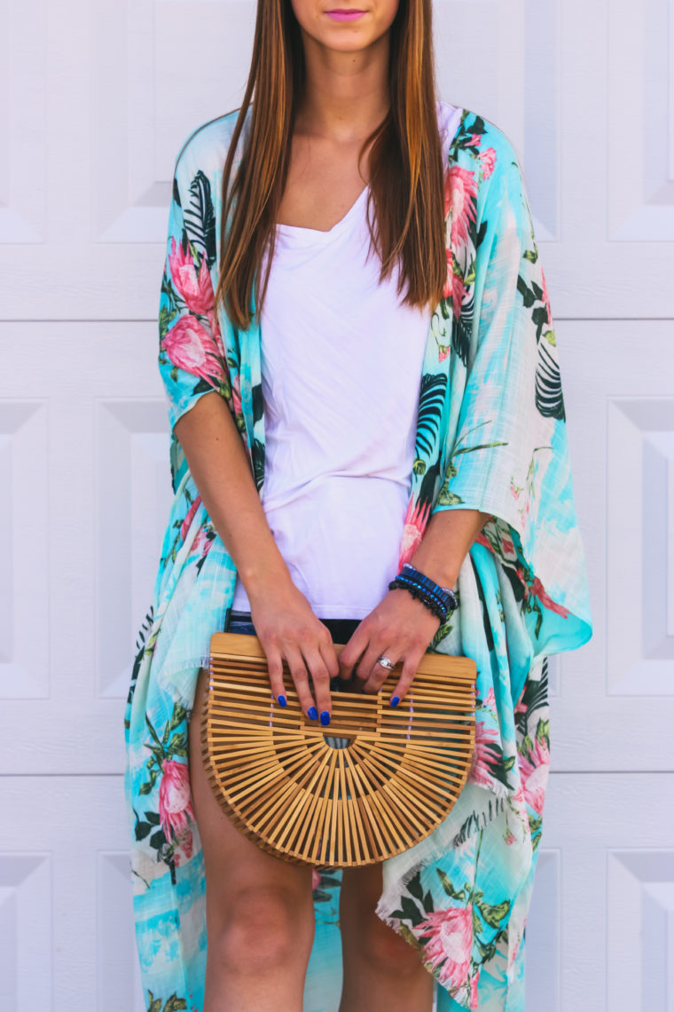 Tropical Print Kimono, palm print kimono, basket bag, summer style