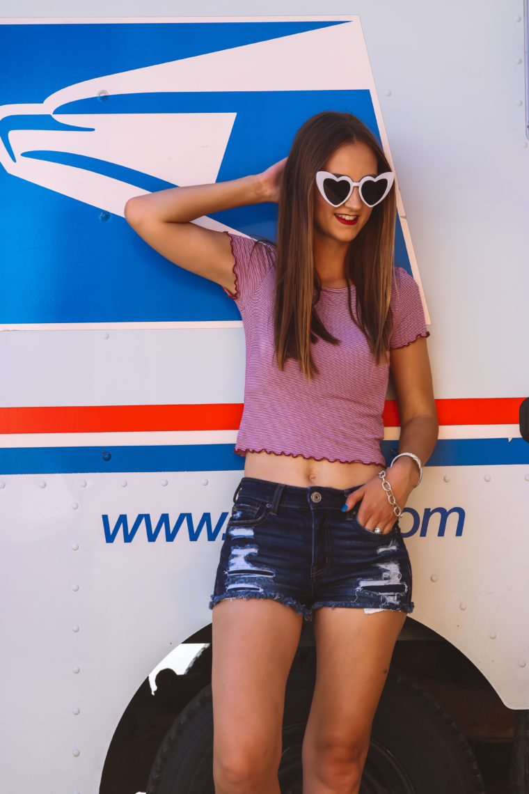 4th of July outfit, summer style, heart sunglasses