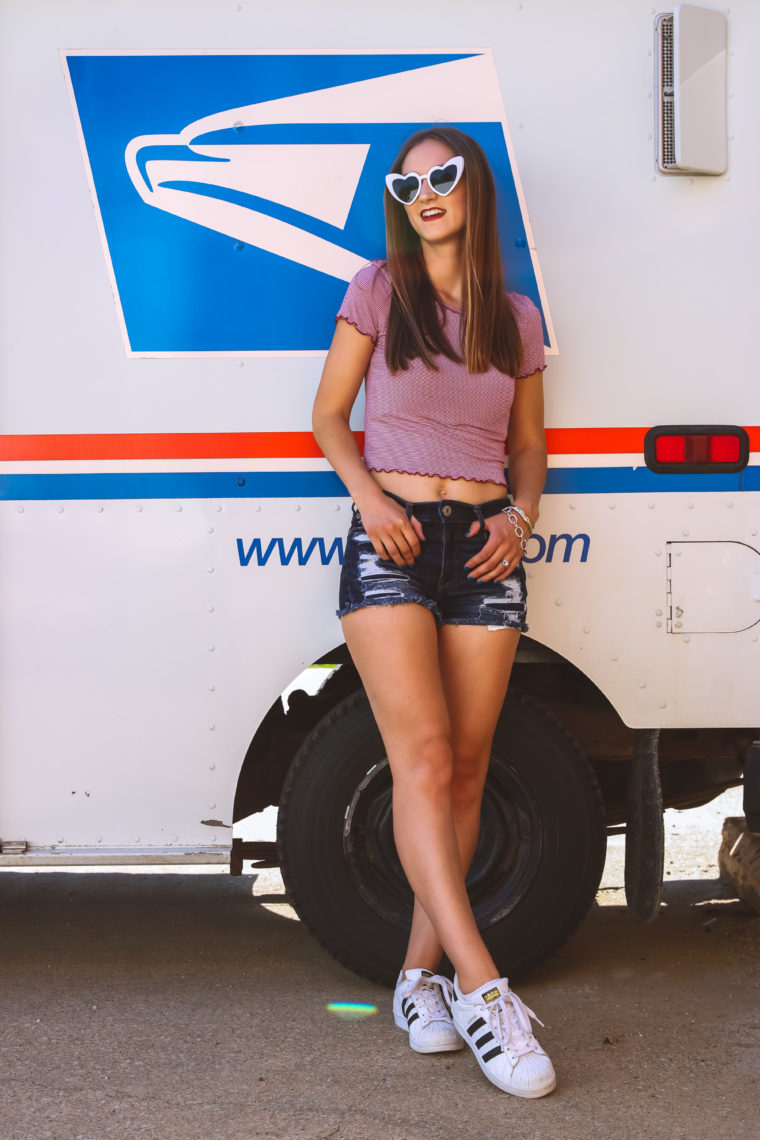 4th of July outfit, summer style, heart sunglasses