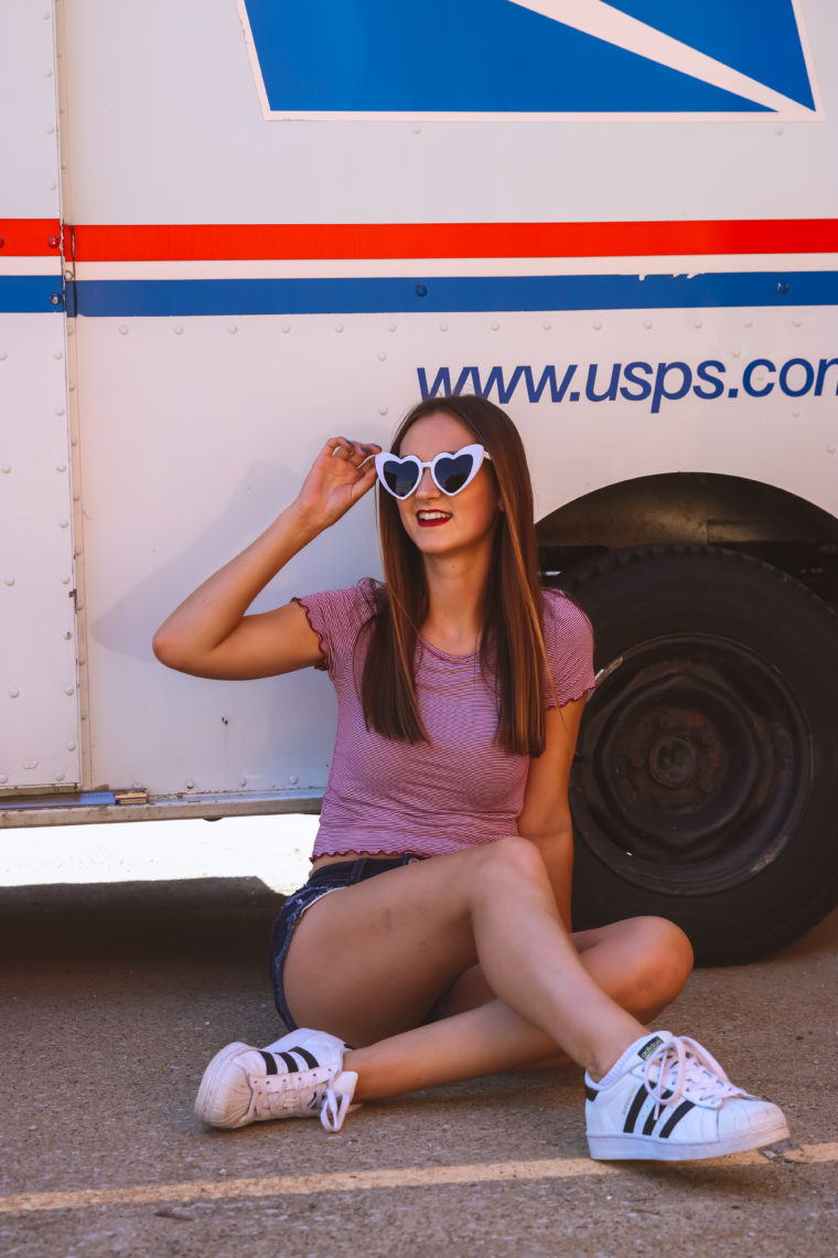 heart sunglasses, 4th of July outfit, mail truck
