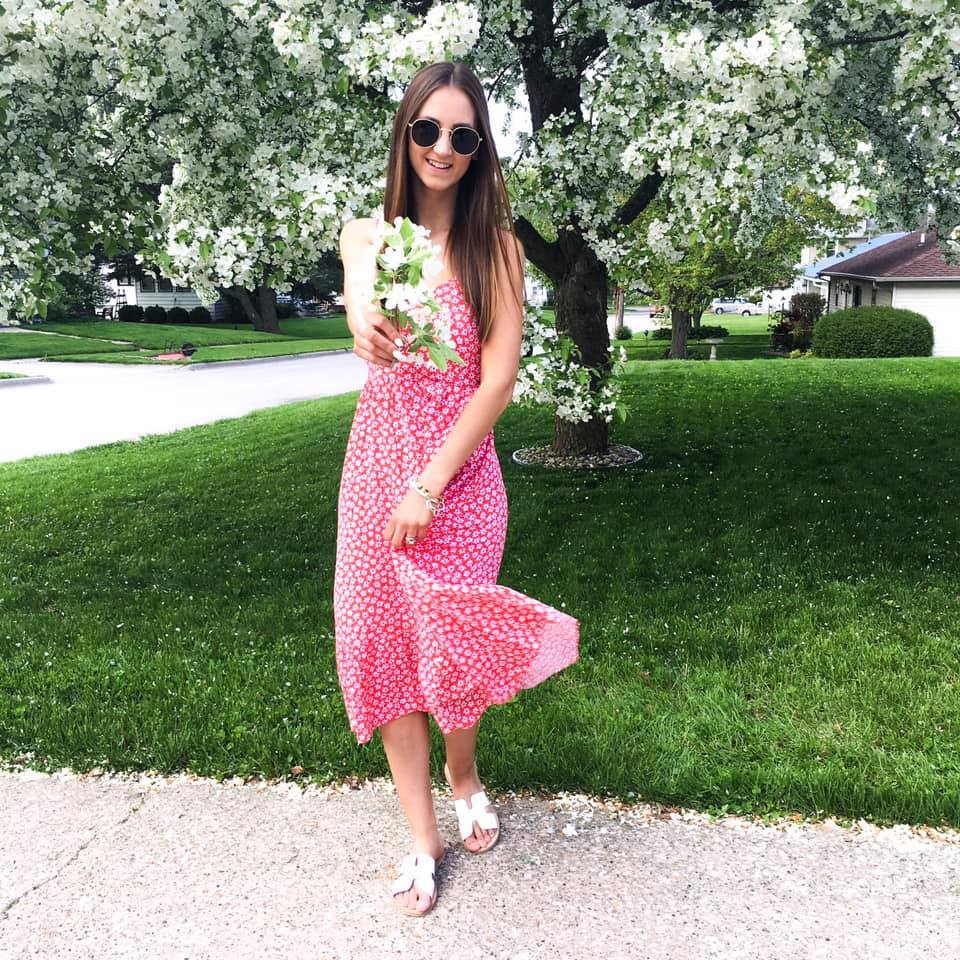 midi red, floral dress, summer style